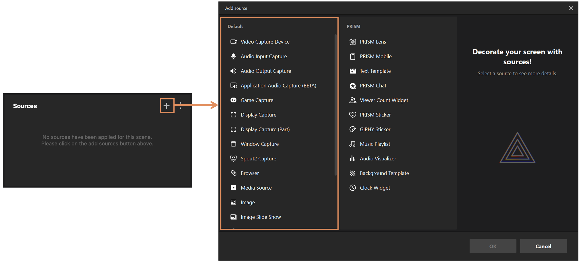 PRISM Live Studio Add Source window with Browser source