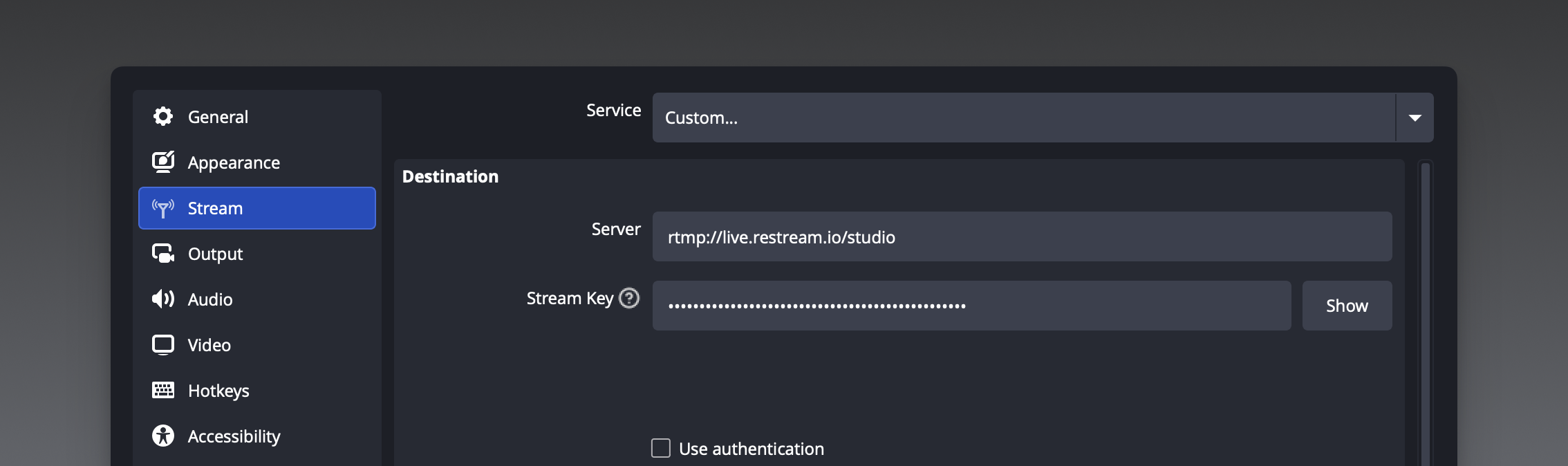 Restream OBS connection screenshot from Restream Help Center