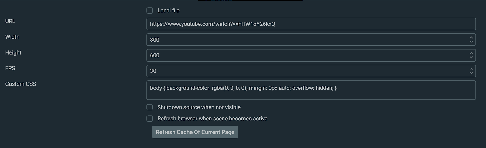 Streamlabs Desktop Browser Source settings for URL width height FPS and custom CSS