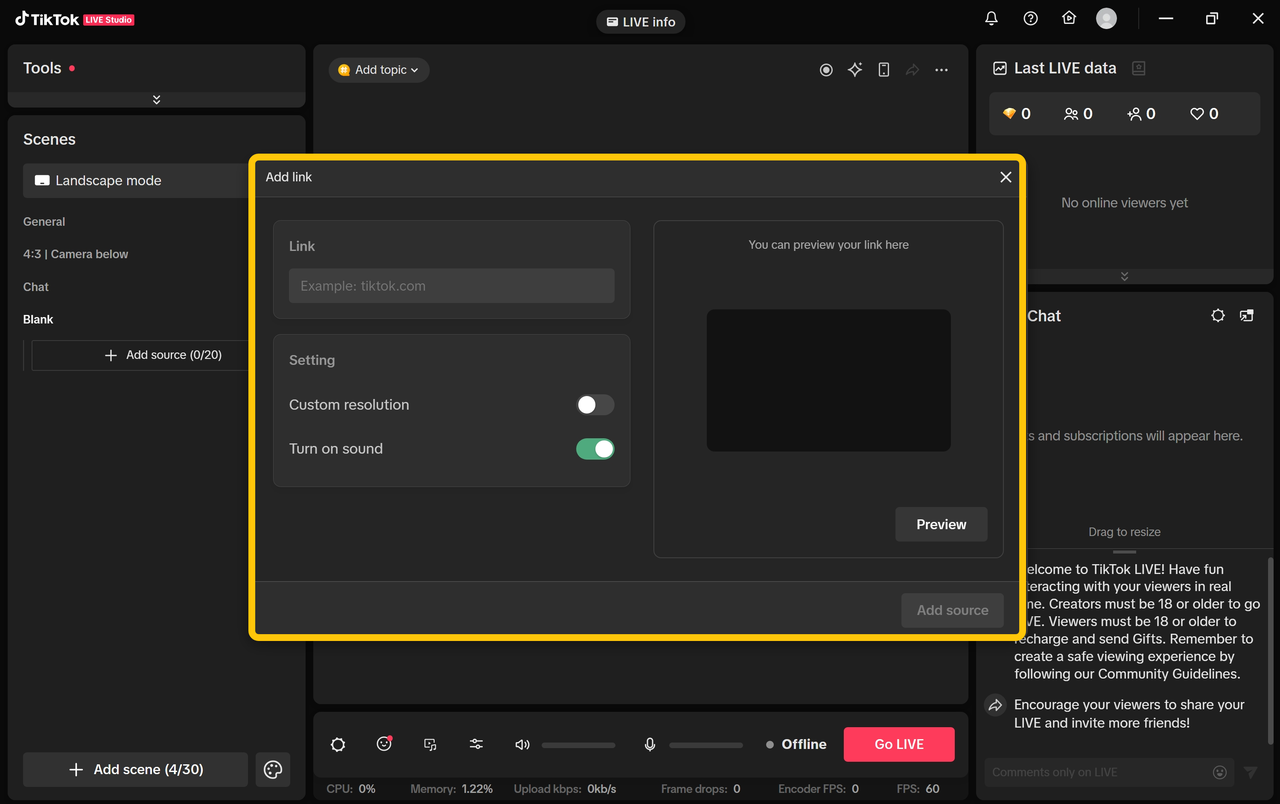 TikTok LIVE Studio Add link source panel with URL field and preview