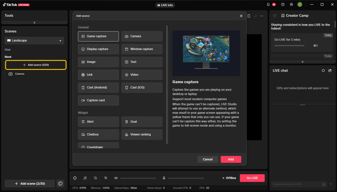 TikTok LIVE Studio Add source dialog with Link source option