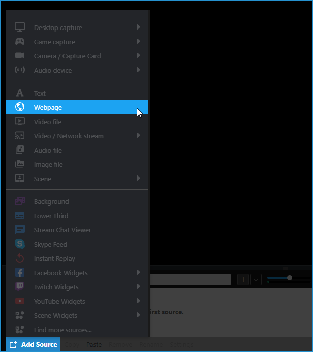 XSplit Add Source menu with Webpage highlighted