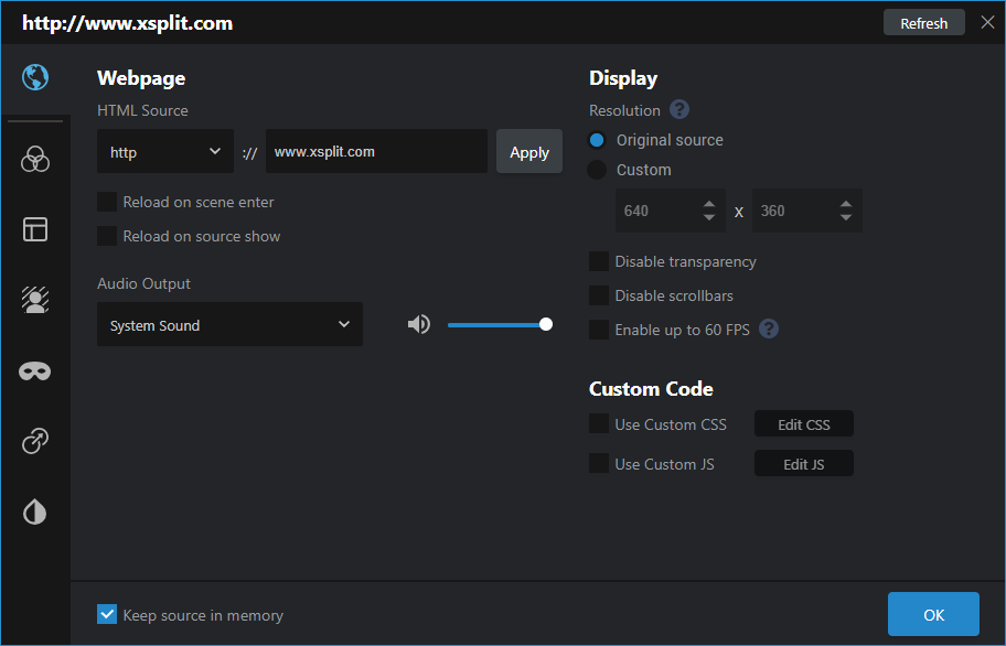 XSplit Webpage source properties window